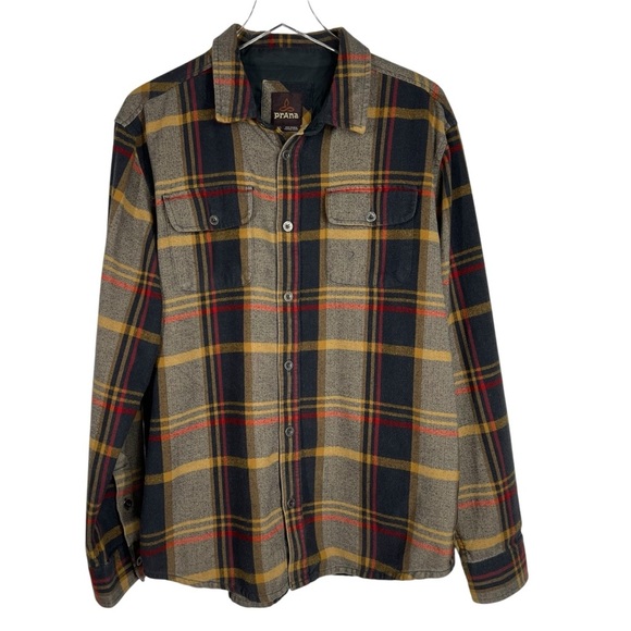 PRANA Blue & Tan Soft Flannel Plaid Long Sleeve Button Down Shirt Men's Size L - Picture 1 of 9